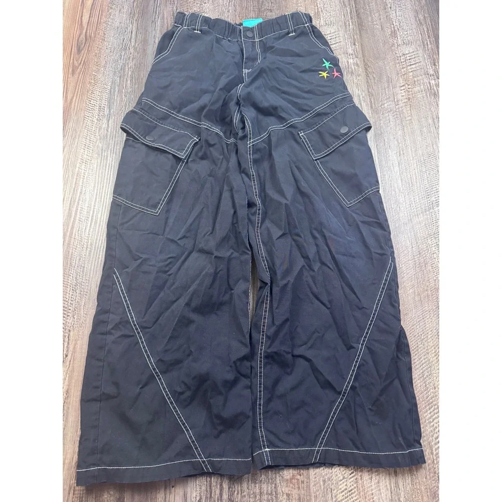 A-Lab Black Wide Leg Cargo Pants Contrast Stitch Star Embroidery XS Rave